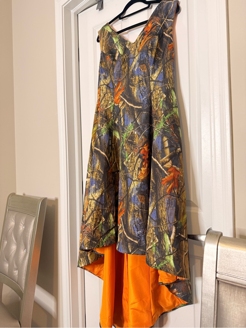 Camouflage Formal High-Low Dress with Bright Orange Lining